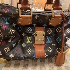 Authentic Louis Vuitton Black Multicolor Speedy 30 Monogram gold hardware